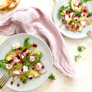 Photograph of Feta and Avocado Salad with Quick Pickled Red Onion and Pomegranate Seeds