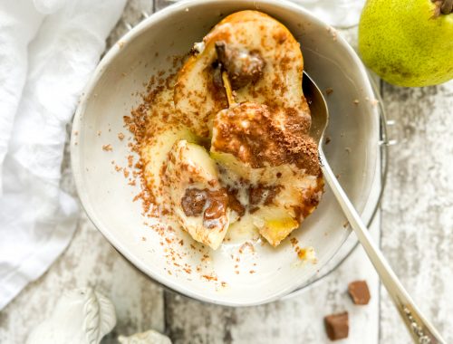 Photograph of Grilled Pears with Mascarpone and Molten Chocolate