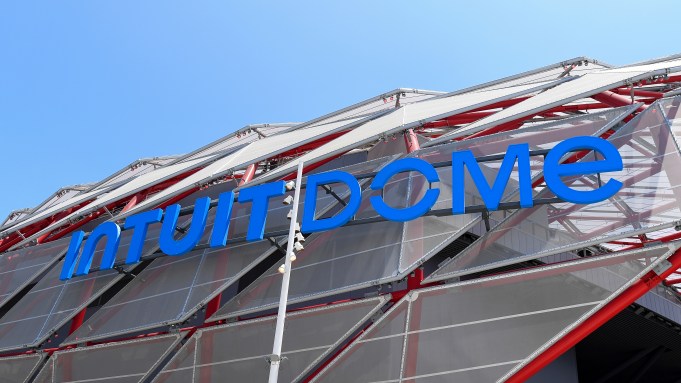 INGLEWOOD, CA - JULY 19: A exterior view of the Intuit Dome, the Los Angeles Clippers new arena, during a press preview on July 19, 2024 in Los Angeles, California.