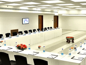 Rectangular Mobile Folding Table used for Conference/Seminars in U Shaped Set Up. The Raviz Kerala, India