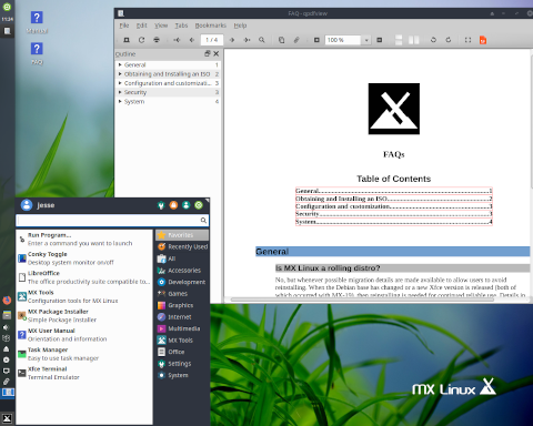 The welcome window and Xfce desktop's application menu