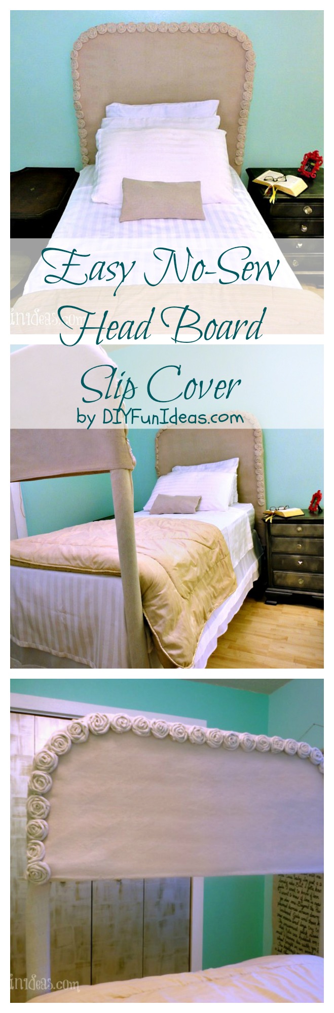 DIY No-sew drop cloth rosette headboard slip cover