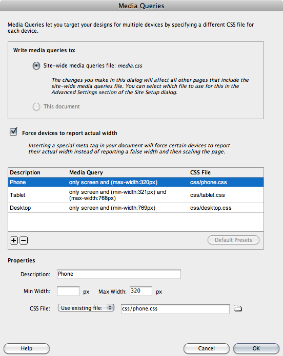 Media Queries dialog