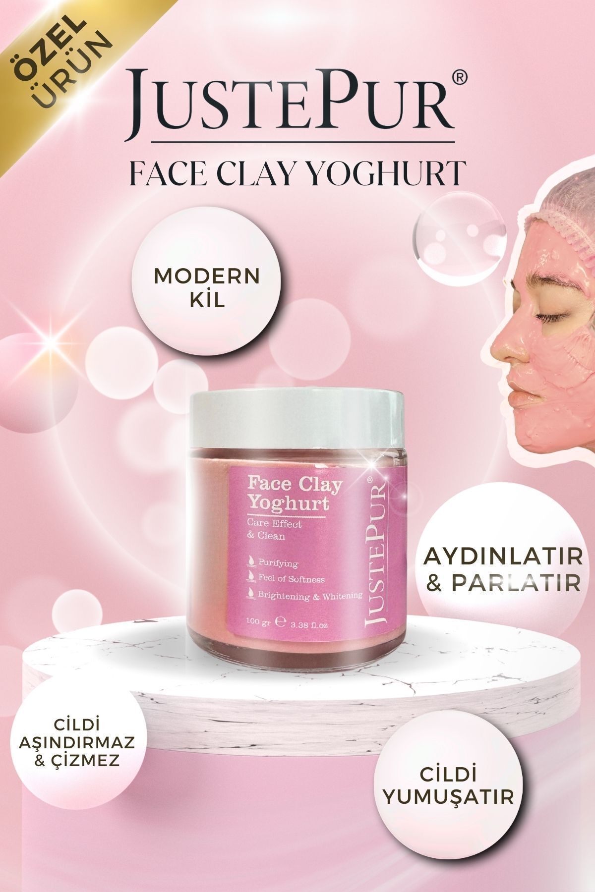 JUSTEPUR Face Clay Yoghurt Pembe Kil Maskesi Parlaklık Temizleme Aydınlatıcı Yumuşaklık Bakım Koruma100gr