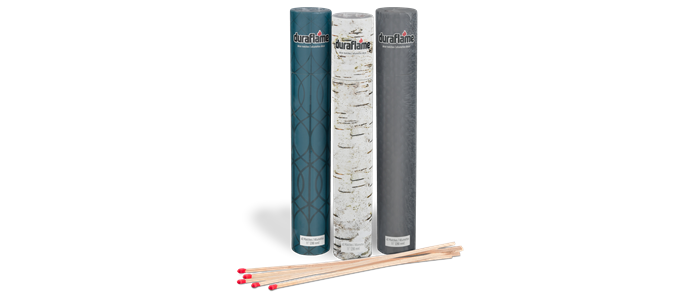 3 packaging designs of DURAFLAME® LONG-STEM DÉCOR decorative MATCHES with several long-stem matches lying in foreground