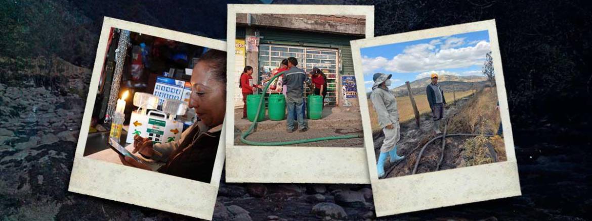 Una persona con una vela, por corte de luz; ciudadanos recolectando agua; y agricultores evaluando el impacto de un incendio.