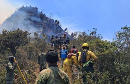 Militares y bomberos ayudan a combatir las llamas en un incendio en Sigchos.