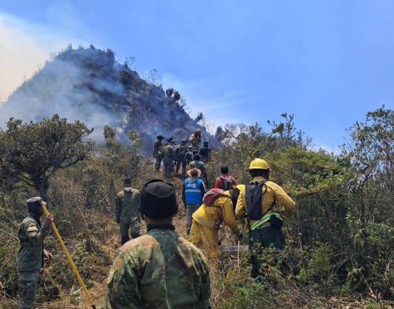 Militares y bomberos ayudan a combatir las llamas en un incendio en Sigchos.