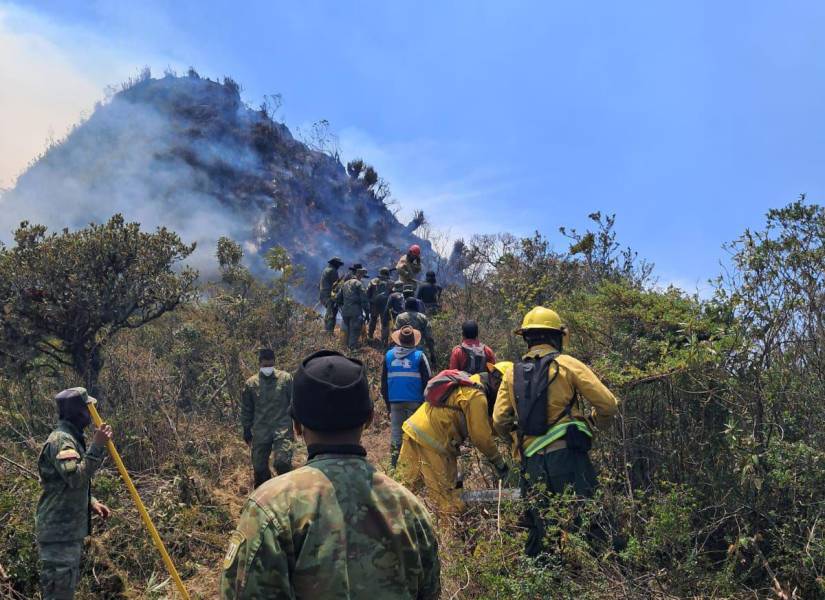 Militares y bomberos ayudan a combatir las llamas en un incendio en Sigchos.