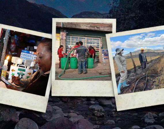 Una persona con una vela, por corte de luz; ciudadanos recolectando agua; y agricultores evaluando el impacto de un incendio.