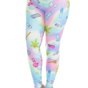 Cartoon Bongs Pipes and Leaves Marijuana Leaf Buttery Soft Cannabis Leggings - Plus Size - 1