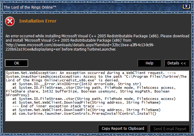 An error occurred while installing Microsoft Visual C++ 2005 Redistributable Package (X86). Please download and install 'Microsoft Visual C++ 2005 Redistributable Package (X86' from 'http://www.microsoft.com/downloads/details.aspx?familyid=hexstring'