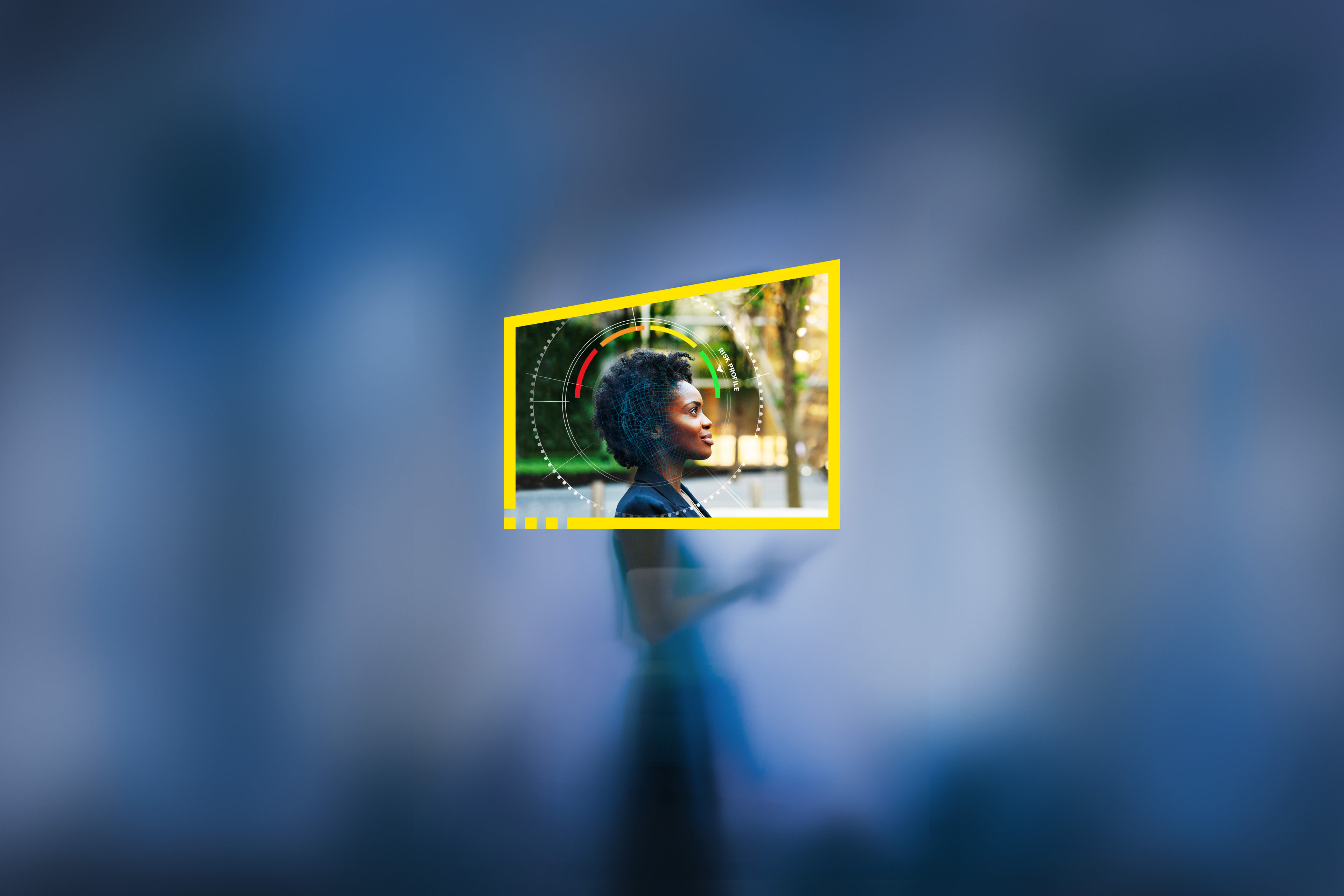 businesswoman with tablet through frosted glass static