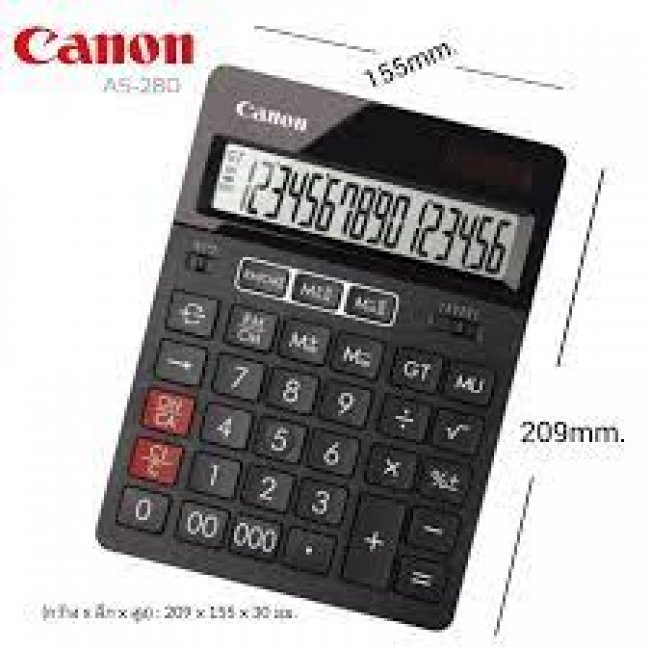 Canon Calculator เครื่องคิดเลขตั้งโต๊ะ 16 หลัก แคนอน รุ่น AS-280 ผลิตจากวัสดุเกรด A เป็นเครื่องคิดเลขรุ่นเดียวใน ประเทศไทยที่มีจำนวน 16 หลัก ถ่านลิเธียมเหรีญบาท กำลังไฟมากกว่าถ่านทั่วไป ทำให้อายุการใช้นานขึ้น