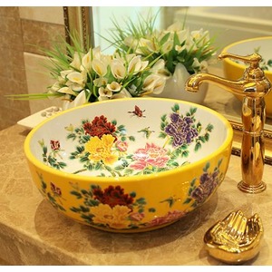 Porcelain Vessel Sink Chinese Style Yellow and White Round