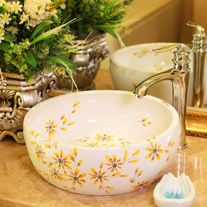 Round Vessel Sink Artistic Ceramic Yellow Barberton Daisy  