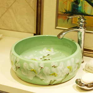 Green Vessel Sink Ceramic White Plum Blossom