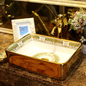 Bathroom Vessel Sink Rectangular Porcelain Gold Pattern  