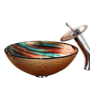 Artistic Round Glass Sinks Rainbow Single Bowl With Faucet