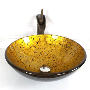 Gold Round Glass Bath Sinks Pattern Single Bowl Luxury