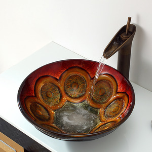 Antique Red Round Glass Vessel Sinks Single Bowl Circle Pattern