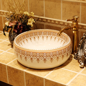 White Porcelain Round Bath Sinks Gold Pattern Painting Single Bowl