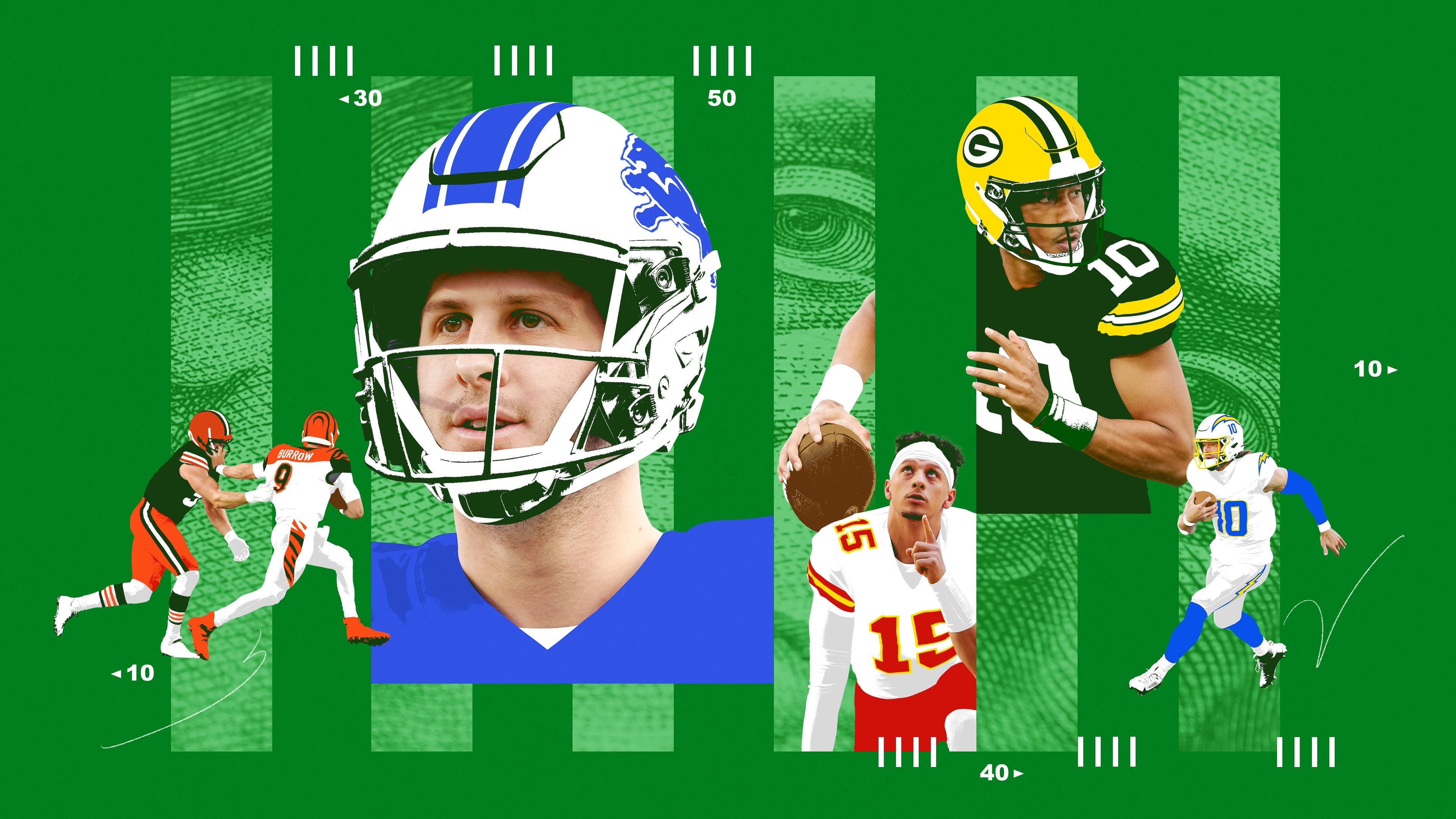 NFL quarterbacks Joe Burrow, Jared Goff, Patrick Mahomes, Jordan Love and Justin Herbert.