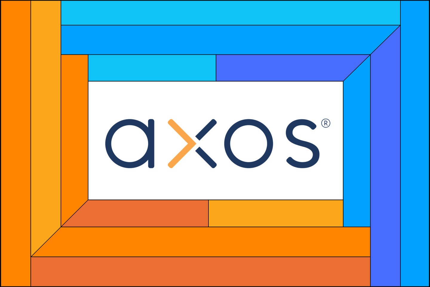 Illustration of the Axos bank logo surrounded by an orange and blue frame.