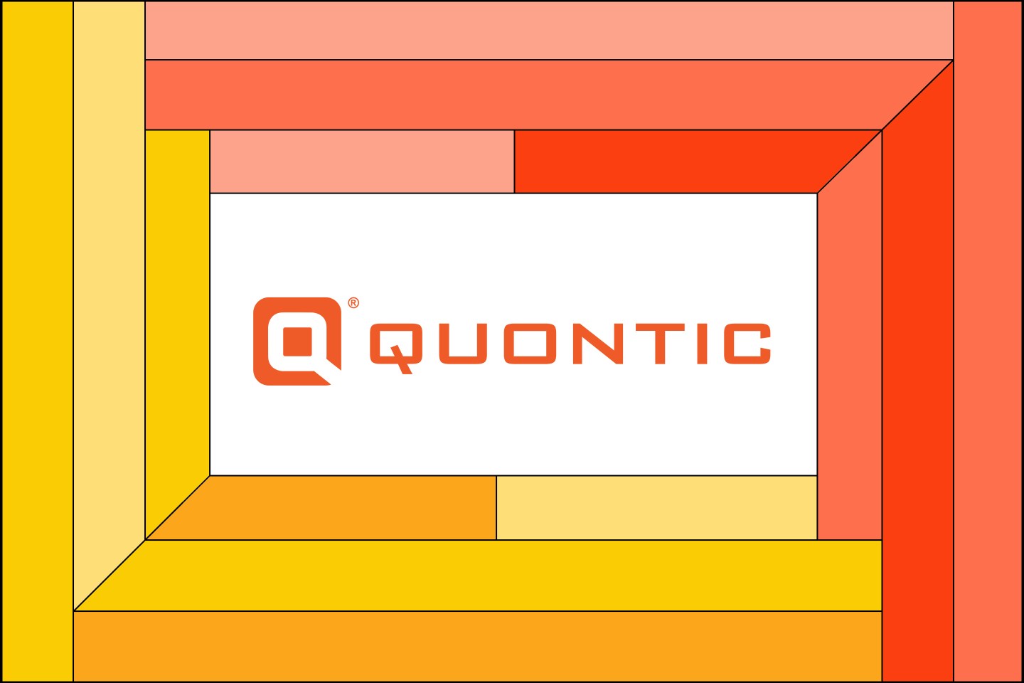 Illustration of the Quontic Bank logo surrounded by a yellow and pink frame.