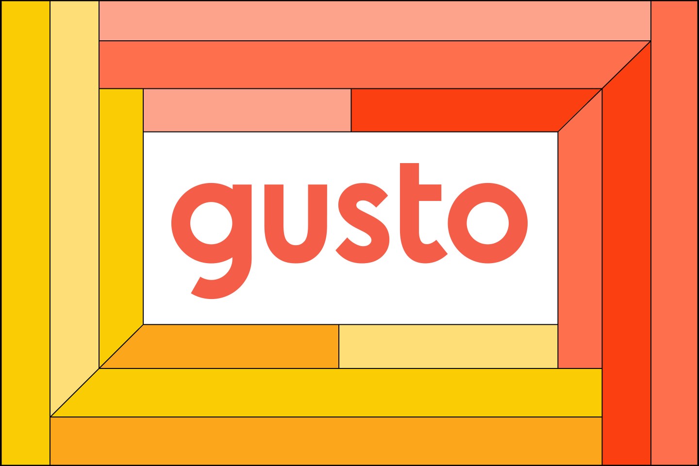 The Gusto logo on a yellow and pink frame.