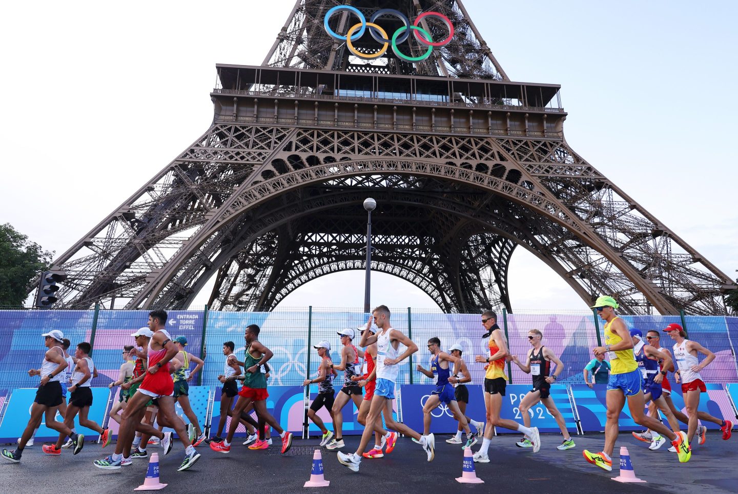 PARIS, FRANCE - AUGUST 01: Athletes compete during the Men’s 20km Race Walk on day six of the Olympic Games Paris 2024 at Trocadero on August 01, 2024 in Paris, France. (Photo by Christian Petersen/Getty Images)