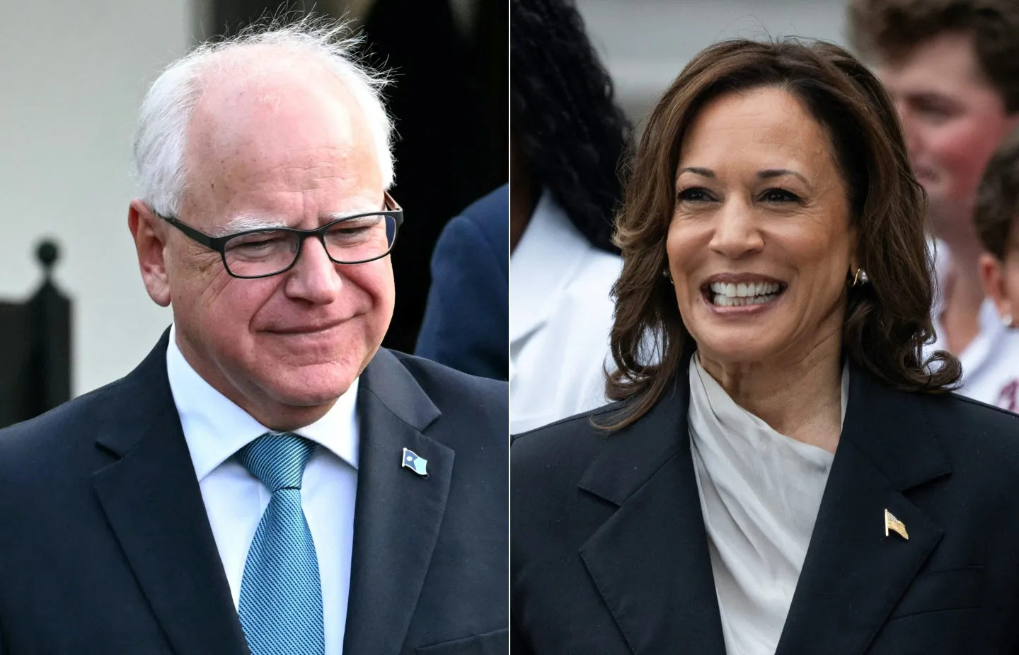 Tim Walz, left, and Kamala Harris on the right, in two separate photos.