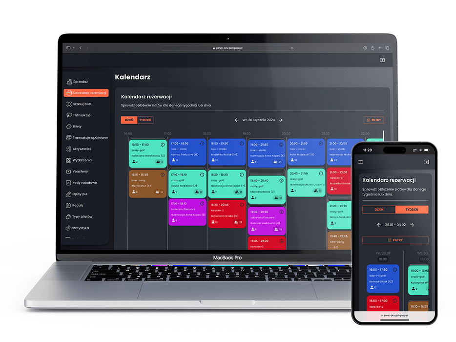 Laptop prezentujący ekran kalendarza w systemie sprzedaży biletów Going. Places, z funkcjami zarządzania rezerwacjami, w tym definiowaniem dostępności, konfiguracją sprzedaży i wydarzeń