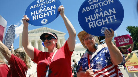 Abortion rights advocates participate in a protest outside of the U.S. Supreme Court Building on June 24, 2024 in Washington, DC.