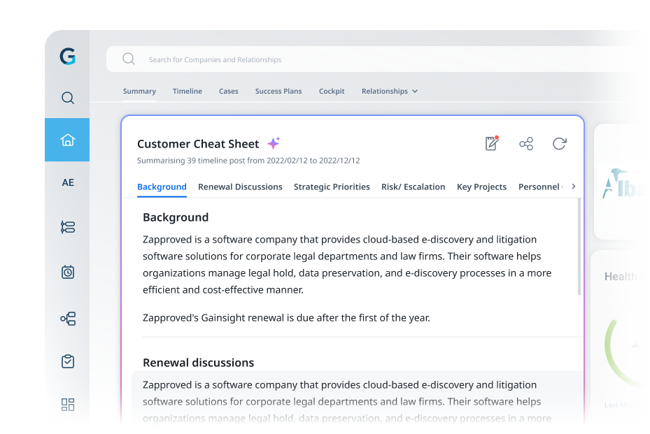 Screenshot showing Gainsight's AI-generated customer cheat sheet, giving summaries of the renewal discussions, strategic priorities, risks, and key projects.