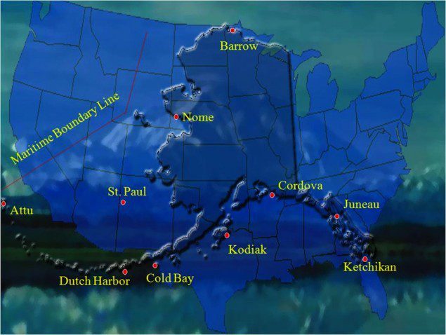 An illustration showing the immense size of Alaska as compared to the continental U.S. Alaska is the equivalent of the entire Eastern Seaboard spanning north to south from Maine to Florida and west to Tennessee.