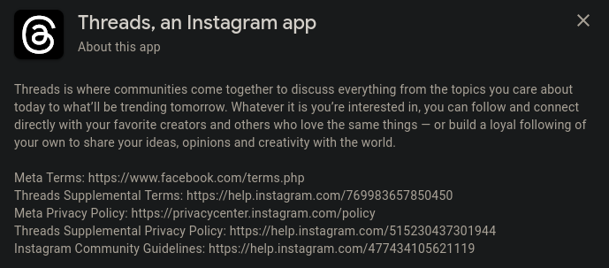 Description of Threads App On the Google Play Store