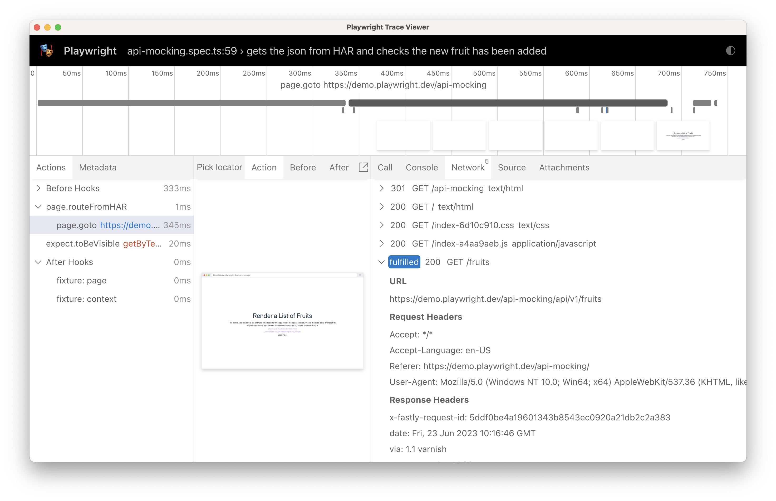 trace showing the HAR file being used