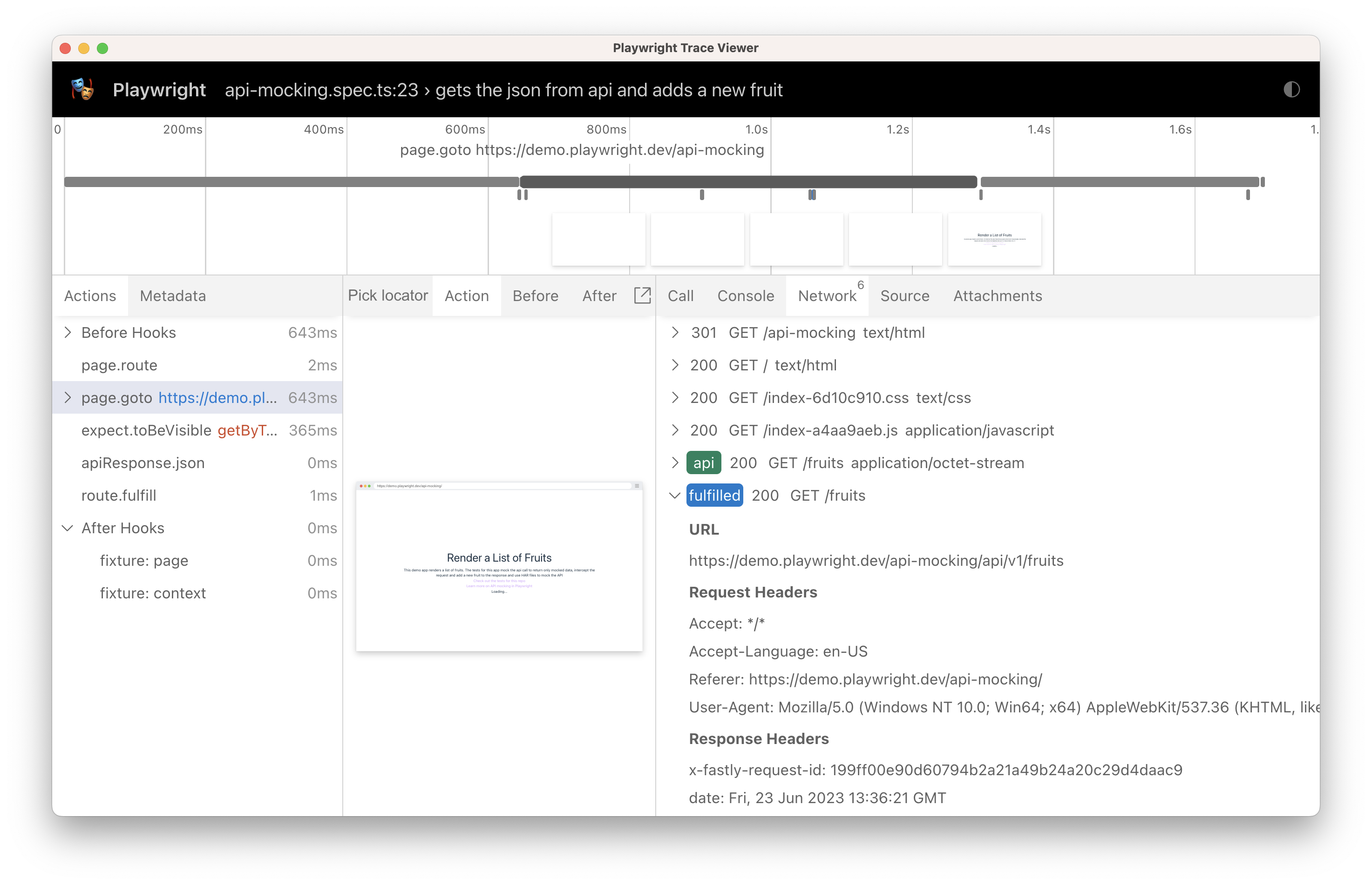 trace of test showing api being called and fulfilled