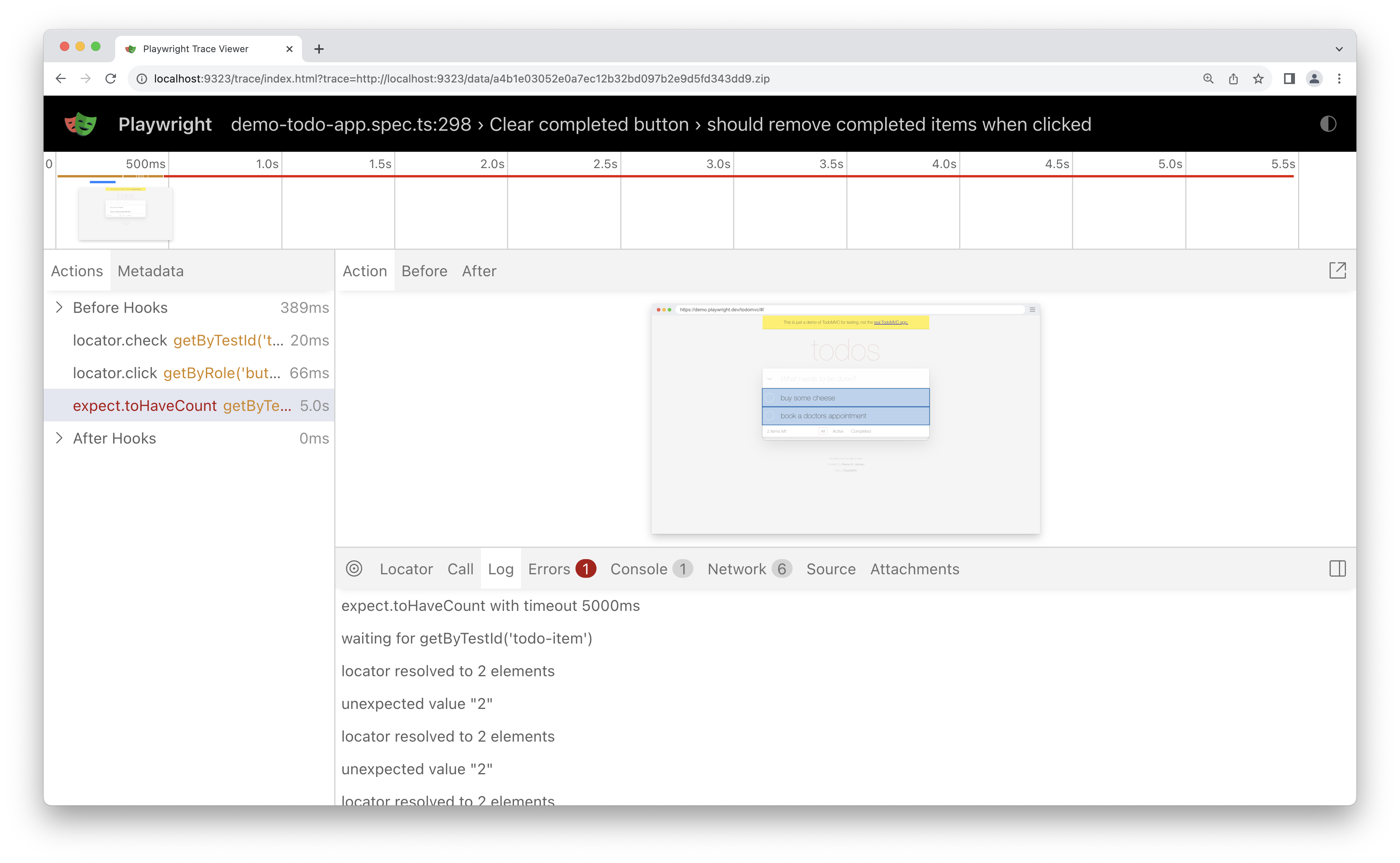 showing log of tests in trace viewer