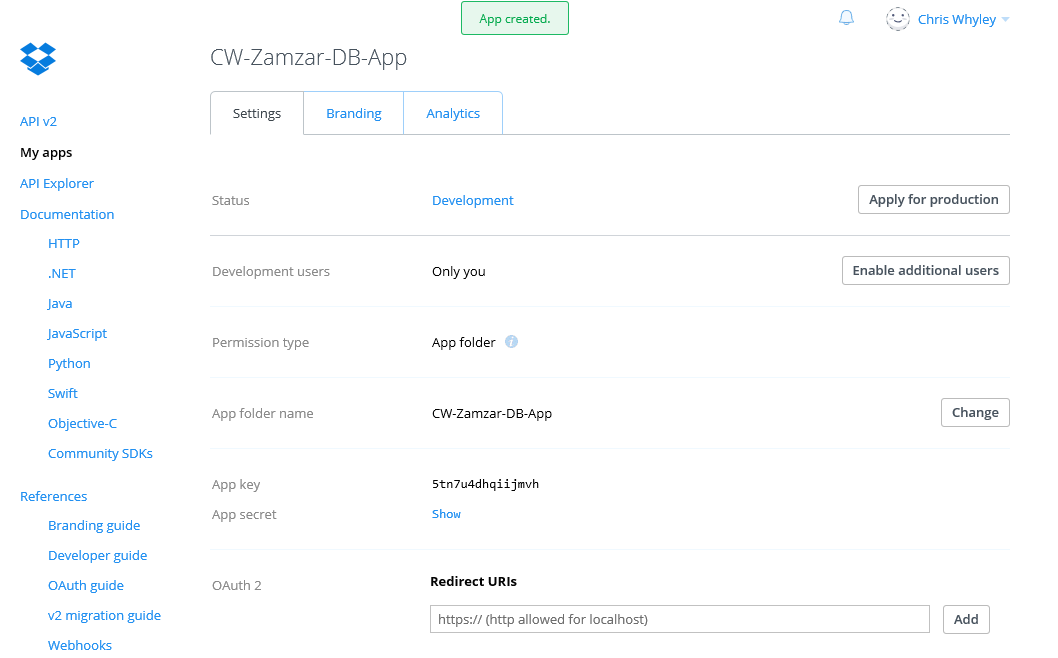 Dropbox - Create App
