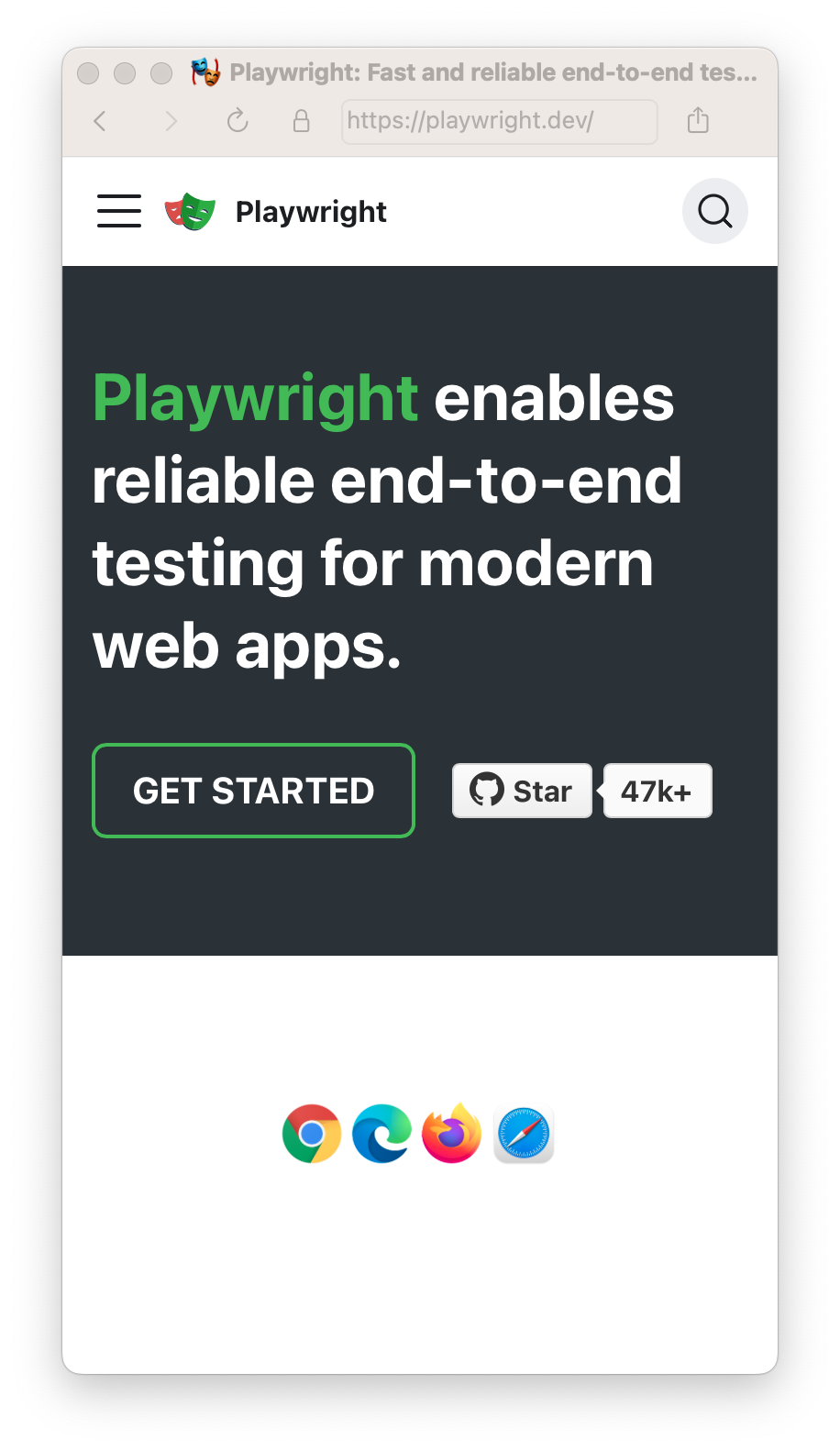 playwright.dev website emulated for iPhone 13