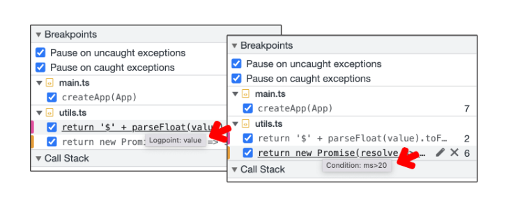 Hover over a logpoint and a conditional breakpoints