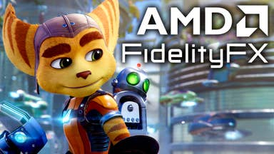 ratchet and clank pictured in front of a logo for AMD FidelityFX