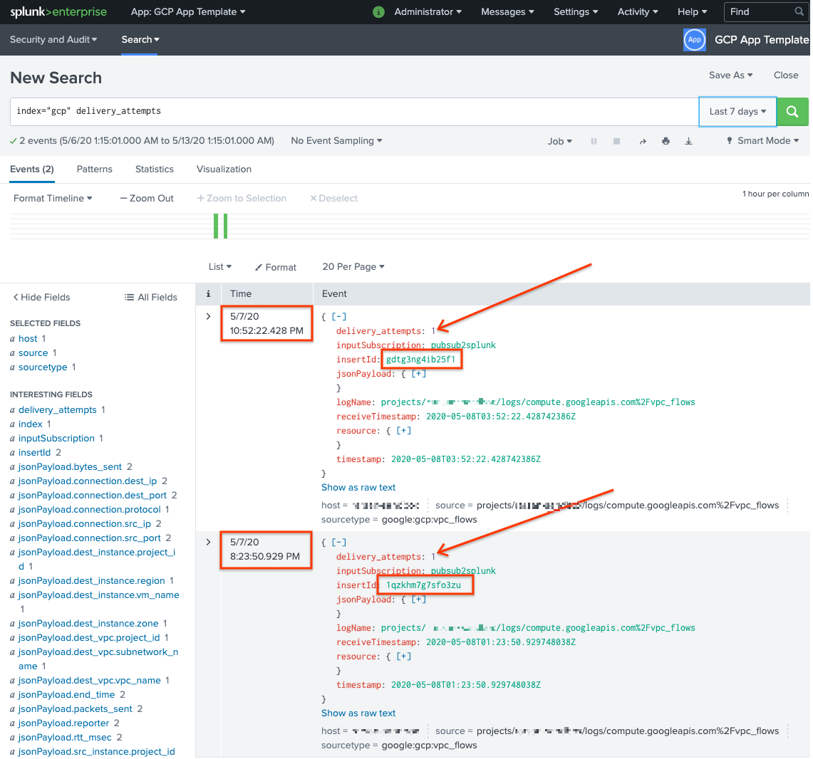 Pesan gagal di Splunk.