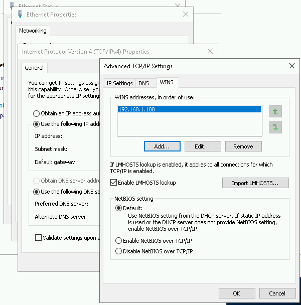 Updated WINS address settings in the Advanced TCP/IP Settings.