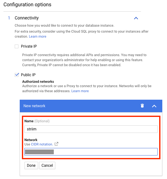 Striim 인스턴스에서 액세스를 허용하도록 PostgreSQL용 Cloud SQL 데이터베이스를 구성합니다.