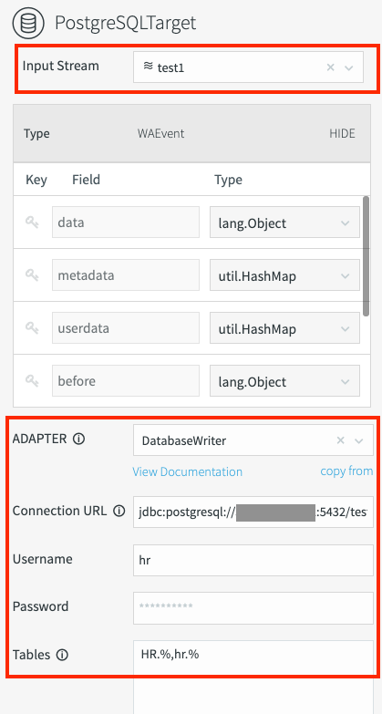 Required fields for Database Writer.