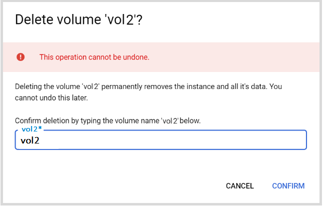 Delete volume dialog