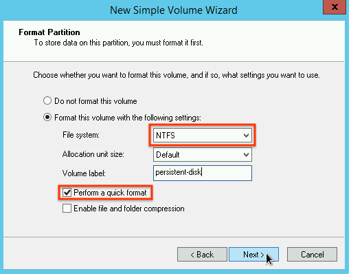 Memilih jenis format partisi di Wizard Volume Sederhana Baru.